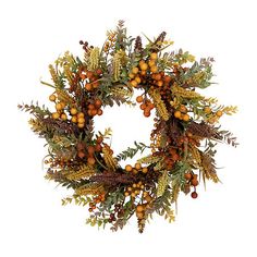 a wreath with orange berries and green leaves