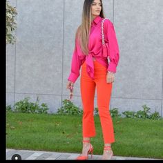 Red/ Orange Color Green Color Sold Pink Only Xxl Flare Outfit, Leather Jogger Pants, Animal Print Jumpsuit, Zara Mini, Red Flare, Red Orange Color, Black Faux Leather Leggings, Sleeveless Blazer, Green Trousers