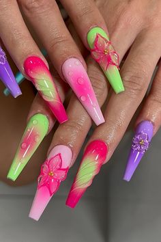 Who says pastels have to be boring? These nails are proof! A mix of pastel pink, purple, and green ombré with 3D flowers and a touch of glitter. Sorority Nails, Beautiful Nails Design, March Nail, Aka Sorority, Glam Nails, Green Ombre, Beautiful Nail Designs, 3d Flowers, Purple And Green