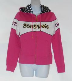 South Pole Junior Front Zip Logo Hoodie Jacket Deep Pink Speedway Medium (M) NWT Click to Enlarge Click to Enlarge Up for consideration from SOUTH POLE JUNIOR FRONT ZIP LOGO HOODIE JACKET IN SIZE MEDIUM (M) COLOR: DEEP PINK SPEEDWAY LONG SLEEVES WITH RIBBED CUFFS LEFT SLEEVE WITH WHITE STRIPE & EST. & RIGHT SLEEVE 1991 NAVY WITH WHITE STARS SATIN LINED DRAWSTRING HOOD  WIDE WHITE STRIPE ON BODICE WITH "SOUTHPOLE" IN NAVY WITH WHITE STARS TWO (2) FRONT POCKETS FRONT ZIPPER WITH SOUTH POLE P White Stars, Deep Pink, South Pole, Hoodie Jacket, Motorcycle Jacket, Front Zipper, Varsity Jacket, White Stripe, Bodice