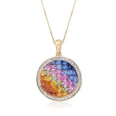 Ross-Simons - 4.00ct t. w. Multicolored Sapphire, .30ct t. w. Diamond Pendant Necklace. 18". A spectrum of color to brighten your day! Here, 4.00 ct. t. w. multicolored sapphires in hidden settings are framed in a halo of .30 ct. t. w. round brilliant-cut diamonds. This perfect necklace will suit your every mood, any day. Set in polished 14kt yellow gold on a box chain. Springring clasp, diamond and multicolored sapphire pendant. Multicolor 14k Gold Gemstones, Fine Multi-stone Diamond Jewelry, Fine Jewelry Diamond Multi-stone Necklace, Diamond Multi-stone Necklace In Fine Jewelry Style, Multicolor Diamond Accented Jewelry For Anniversary, Multicolor Diamond Accents Jewelry For Anniversary, Multicolor Diamond Multi-stone Jewelry, Multicolor Multi-stone Diamond Jewelry, Multi-stone Diamond Necklace In Fine Jewelry Style