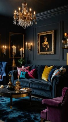 a living room filled with furniture and a chandelier