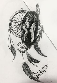 a black and white drawing of a native american dream catcher with feathers on it's head