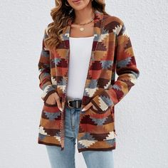 Women's Ethnic Cardigan Aztec Print Knitted Cardigan Casual Geometric Pattern Fall Sweater, Casual Geometric Pattern Sweater For Fall, Casual Fall Outerwear With Geometric Pattern, Multicolor Geometric Pattern Sweater For Fall, Fair Isle Sweater Coat For Fall, Bohemian Jacquard Knit Sweater, Bohemian Jacquard Knit Sweater For Fall, Casual Fair Isle Sweater Coat, Fall Bohemian Jacquard Knit Sweater