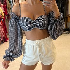 Sold Out Everywhere Such A Cute Top Comes With Sleeves Us 6 Navy And White Gingham Ships Same Day Gingham Top, Gingham Tops, Cute Top, Cute Tops, Womens Swim, Navy And White, Gingham, Sports Bra, Blue White