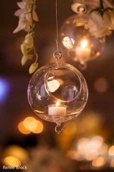 two clear glass balls hanging from a ceiling with candles in them and some flowers on the other side