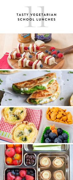 several pictures of different food items and the words tasty vegetarian school lunches on them