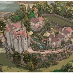 an artist's rendering of a large castle in the middle of a forest area