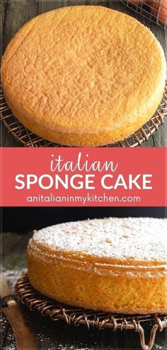 an italian sponge cake with powdered sugar on top is shown in two different photos