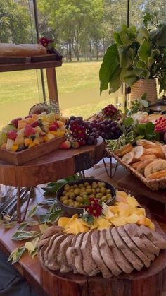 an assortment of fruits and breads on display at a buffet table with trees in the background