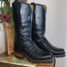 Tony Murga, Designer, Black Leather & Alligator Cowboy Boots. Lug Sole. Custom Handmade Boots From La Boot Maker Tony Murga. Gorgeous, Elegant, Classic; Its Glamour In These Is In The Top Notch Leathers, Sumptuous Textures And Bespoke Bit Making Expertise. Classic Understated Style Get A Little Edginess In The Lug Sole And Square Toe. Leather Boot Pulls And Exotic Wood Inset In The Classic Cowboy Heel. See Info On Boot Maker Tony Murga In Pics. Size 10. (Noteas These Were Custom Made To Order, T Alligator Boots Woman, Calf Leather Boots, Handmade Boots, Classic Cowboy, Boot Pulls, Understated Style, Leather Boots Heels, Handmade Boot, Beige Heels