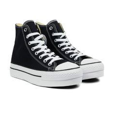 Converse platform high in black Black High Top Converse Platform, Converse High Platform, Black High Converse, High Black Converse, Platformed Converse, Converse Black Platform, Converse Platform Black, High School Shoes, Black Converse Platform