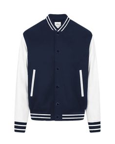 Navy/White Cotton Outerwear With Stand Collar For College, College Cotton Outerwear With Stand Collar, College Cotton Stand Collar Outerwear, Fitted Varsity Outerwear For Work, Fitted Outerwear With Contrast Collar And Long Sleeves, White Casual Outerwear With Baseball Collar, Casual White Outerwear With Baseball Collar, Sporty Outerwear With Pockets And Baseball Collar, Fitted Cotton Varsity Outerwear