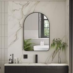 a bathroom with a sink, mirror and plants