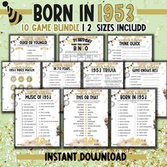 born in 1953 birthday party game bundle with gold foil confetti and black numbers