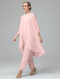 Simple 3 Pieces Chiffon Mother Of The Bride Dress Pants Suits Fitted Chiffon Sets For Wedding Guests, Fitted Pink Chiffon Set, Spring Chiffon Sets For Wedding Guests, Pink Fitted Chiffon Sets, Spring Wedding Guest Chiffon Sets, Chiffon Sets For Wedding Guests, Summer Formal Chiffon Sets, Spring Evening Chiffon Sets, Elegant Pink Chiffon Sets