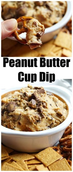 the peanut butter cup dip is in a white bowl with crackers