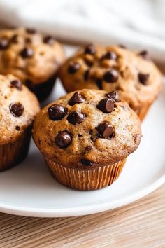 several chocolate chip muffins on a white plate