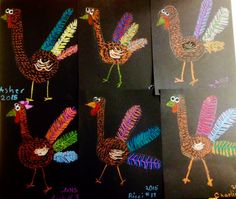 three pictures of turkeys painted on black paper with colored feathers and leaves in the shape of numbers