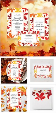 the wedding stationery is decorated with autumn leaves