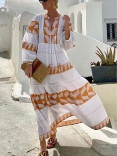 Women Elegant Dresses, Stylish Retro Greek Goddess Pattern Print Dress White Long Midi Dress For Spring, White Long Sleeve Midi Dress For Summer, White Long Sleeve Shift Midi Dress, Beige Long Sleeve Maxi Dress For Vacation, Beige Maxi Dress For Beach In Fall, Shift Midi Dress For Fall Vacation, Orange Long Sleeve Maxi Dress For Summer, Casual White Maxi Dress For Fall, White Long Sleeve Summer Maxi Dress