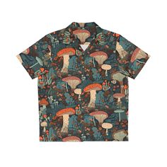 "Men's Mushroom Hawaiian Shirt | Toadstool Hawaiian Shirt | Cottagecore Men's Shirt | Witchy Hawaiian Shirt | Toadstool Lover Shirt | Mushrooms Nothing says \"I love summer\" like a Hawaiian shirt, with a boxy fit and a notch lapel collar that are perfect for any laidback scenario, these shirts come with a handy chest pocket and a 95% polyester and 5% spandex fabric for silky comfort. Choose between black or white buttons. Details: - Material: 95% polyester, 5% spandex - Medium fabric (7.23 oz/y Tropical Hawaiian Shirt, Casual Relaxed Fit Shirt With Mushroom Print, Cotton Shirt With Mushroom Print For Summer, Summer Relaxed Fit Shirt With Mushroom Print, Summer Mushroom Print Shirt With Relaxed Fit, Cotton Short Sleeve Shirt With Mushroom Design, Relaxed Fit Short Sleeve Shirt With Mushroom Print, Summer Cotton Shirt With Mushroom Print, Mushroom Button Up Shirt