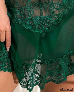 Olivia Mark - Crochet Lace Bowknot Embellished Babydoll Set with Coordinated Panty Green Sheer Sleepwear, Fitted Green Sleepwear With Lace Trim, Elegant Crochet, Lace Bridal Gown, Denim Blouse, Ruffle Mini Dress, Plaid Blouse, Lace Bows, Outwear Jackets