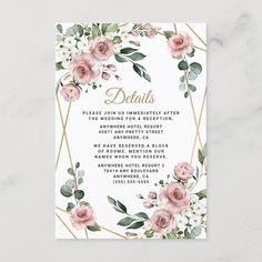 floral wedding details card with pink roses and greenery