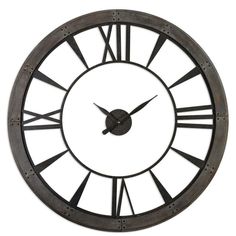 a large metal clock with roman numerals on it's face and hands