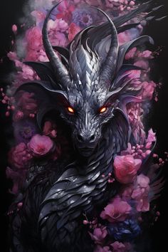 a dragon with red eyes surrounded by pink flowers