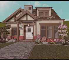 this is an artist's rendering of a house with flowers on the front door