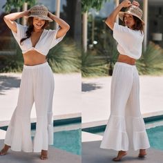 **Nwt** By Anthropologie Gauzy Wide Leg Pant Set Size Large Fitted Pants Matching Set For Vacation, White Matching Set Bottoms For Vacation, Summer Sets With Elastic Waistband, Casual Beach Pants Matching Set, Casual Beach Pants With Matching Set, White Summer Matching Set Pants, White Matching Set Pants For Summer, Chic Wide Leg Beach Sets, Chic Beach Pants Matching Set