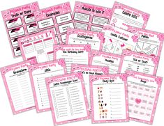 pink and white printable worksheets for children's birthday party games, including