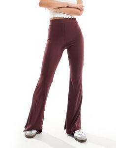 Pants by Monki For days when denim won't do Plain design Low rise Elasticized waistband Flared skinny fit Super Low Rise Jeans, Red Dress Pants, Jersey Trousers, Dark Red Dresses, Winter Party Dress, Jersey Pants, Spring Floral Dress, Black Long Sleeve Dress, Long Black Dress