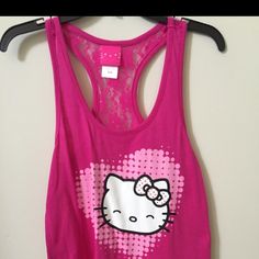 Size Small Fitted Sleeveless Tops With Cat Print, Fun Pink Sleeveless Tank Top, Purple Cotton Vest Top, Hello Kitty Print Sleeveless Top For Spring, Casual Purple Racerback Tank Top, Cute Pink Vest Top, Sleeveless Hello Kitty Print Top, Fun Sleeveless Stretch Tops, Fun Stretch Sleeveless Tops