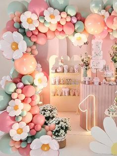 an image of a birthday party with balloons and flowers on the wall in front of it