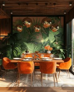 a dining room table with orange chairs and green plants on the wall