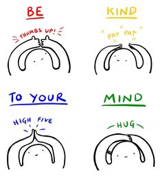 four different types of hair with the words be kind to your mind, high five, and