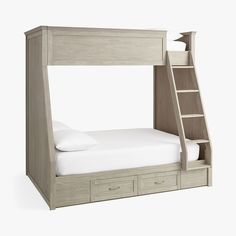 a bunk bed with drawers underneath it and a ladder on the bottom shelf for storage