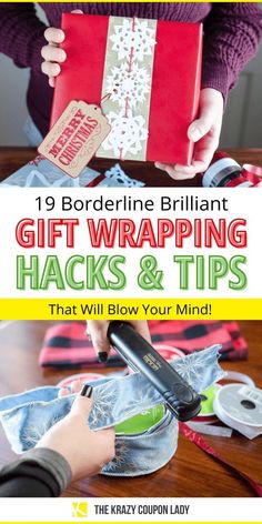 a person holding a red gift wrapper with text overlay that reads, 19 borderline brilliant gift wrapping hacks and tips