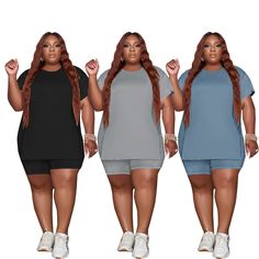 Plus Size Casual Solid Short Sleeve T-shirt Shorts Set Casual Stretch Short Set With Short Sleeves, Casual Short Sleeve Stretch Short Set, Casual Gray Summer Set, Casual Stretch Short Set For Loungewear, Summer Athleisure Sets With Crew Neck, Summer Crew Neck Athleisure Sets, Gray Casual Short Sleeve Sets, Gray Short Sleeve Casual Sets, Summer Gray Short Sleeve Sets