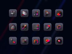 a set of different colored buttons on a black background with red and blue lights in the middle