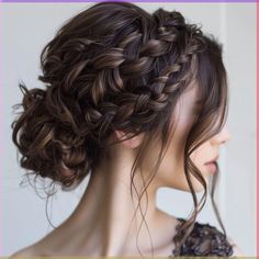 Messy bun tutorial | 1 minute hairstyle | Easy updo | Hair tutorial, Hair tips video, Natural hair updo Bride Braid Updo, Braided Hair Updo Wedding, Wedding Braid Brunette, Long Brunette Bridesmaid Hair, Braided Updo With Headband, Wedding Updos For Brunettes, Viking Up Do Hair, Updos For Family Pictures, Brunette Braided Wedding Hair