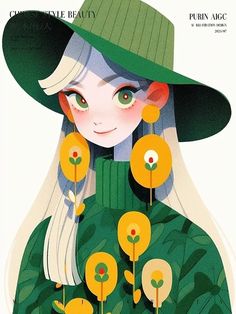 an illustration of a woman with green hat and flowers