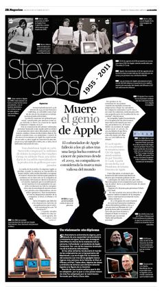 an advertisement for steve jobs in spanish, with images of people working on computers and sitting at desks