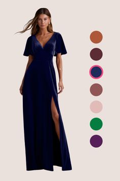 a woman in a long blue dress standing next to different color swatches and colors