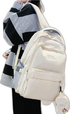 Large Capacity Cream Backpack For Students, Beige Rectangular Backpack For Back To School, Beige Rectangular Backpack, Beige Large Capacity Backpack, Beige Portable Rectangular Backpack, Portable Beige Standard Backpack, Portable Rectangular Beige Backpack, Beige Backpack With Zipper Closure For Study, Large Capacity Beige Standard Backpack