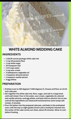 a piece of cake with white frosting on it and instructions for making the cake