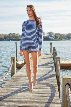 LAKE | Women | Pima Cotton Pajamas | Sea Depth Anchor Stripe Crew Long-Short Set Lake Pajamas, Pajama Style, Cotton Pajamas, Bridal Fabric, Long Shorts, Short Set, Go Ahead, Pima Cotton, Simple Dresses