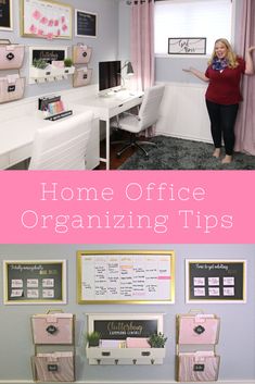 a woman standing in front of a desk with the words home office organizing tips on it